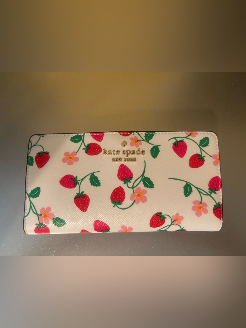 kate spade White Strawberry Print Zip Wallet with Gold Logo